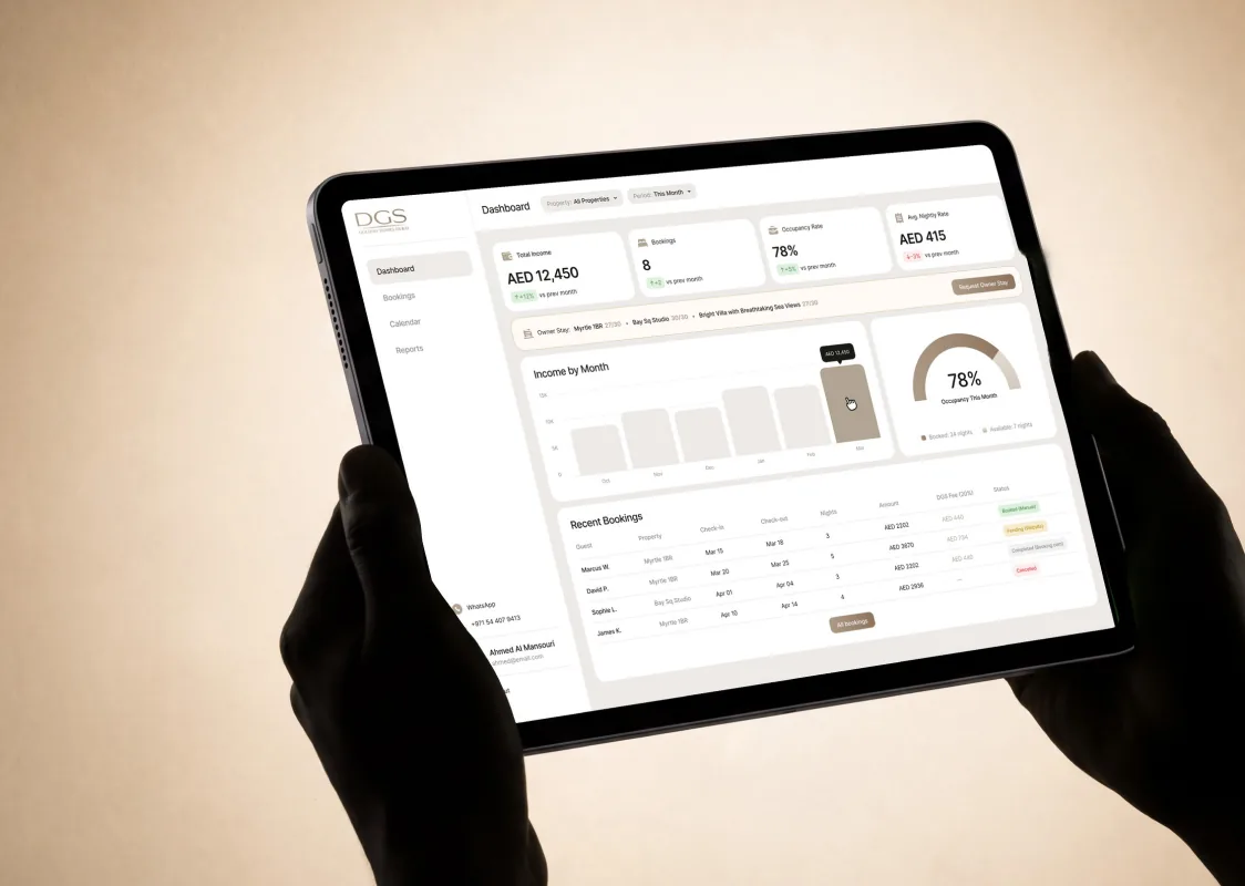 Owner dashboard on a tablet in hands